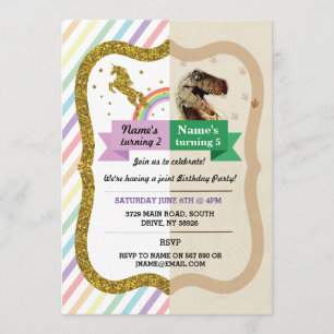 Invitación de unicornio y dinosaurios a niño chica