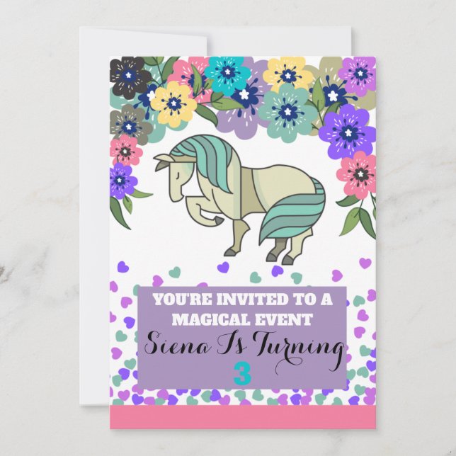Invitación de unicornio y flores para el chica (Anverso)