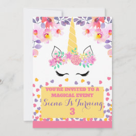 Invitación de unicornio y flores para el chica