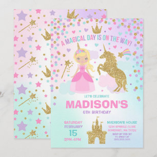 Invitación De Unicornio Y Princesa A Cumpleaños Má