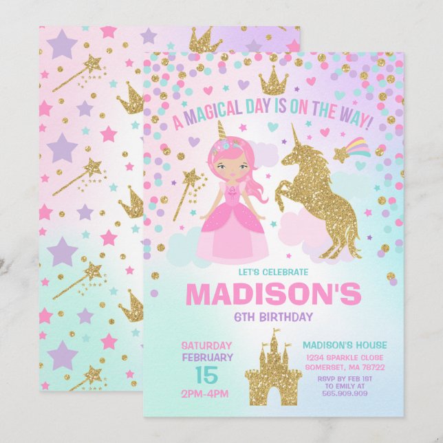 Invitación De Unicornio Y Princesa A Cumpleaños Má (Anverso / Reverso)