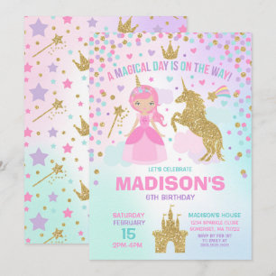Invitación De Unicornio Y Princesa A Cumpleaños Má