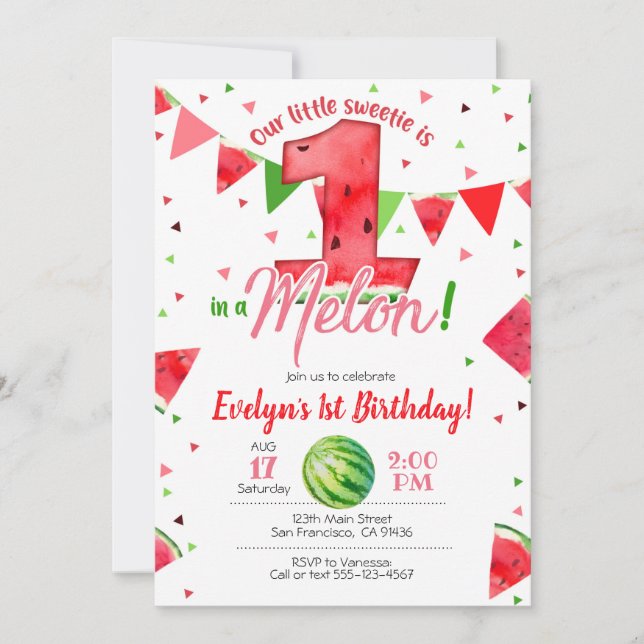 Invitación de uno en melón, sandía primer cumpleañ (Anverso)