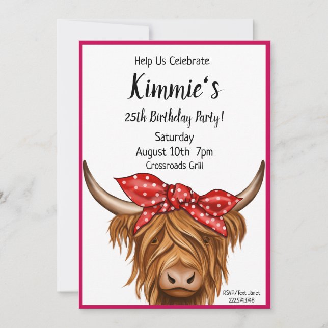 Invitación de vaca, cumpleaños de vaca en Highland (Anverso)
