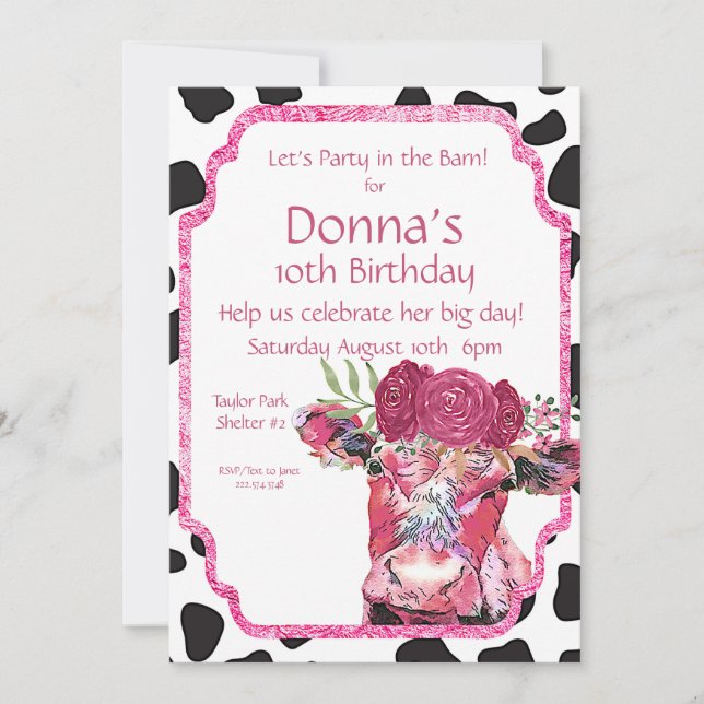 Invitación de vaca, fiesta de cumpleaños de vaca (Anverso)