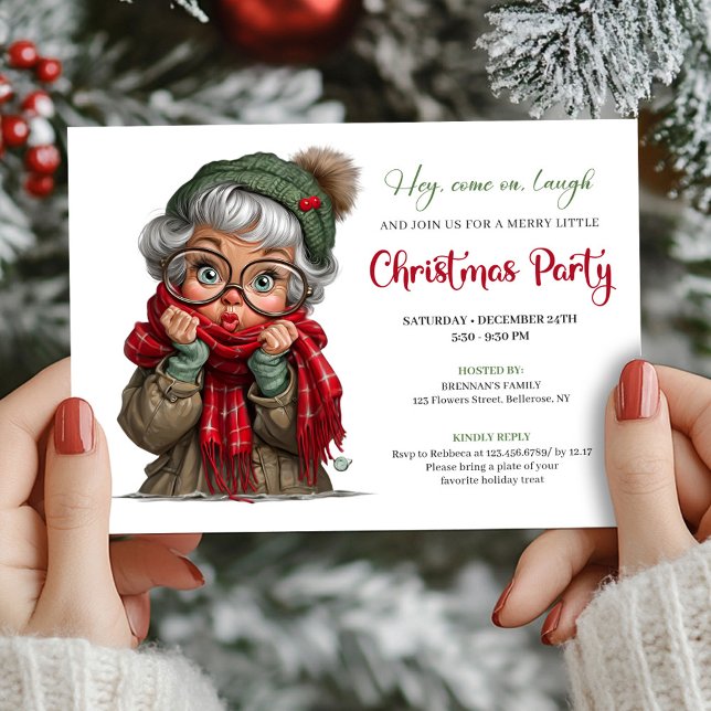 Invitación de vacaciones caprichosa de abuela de d (Cute Cartoon Granny Whimsical Holiday Invitation)