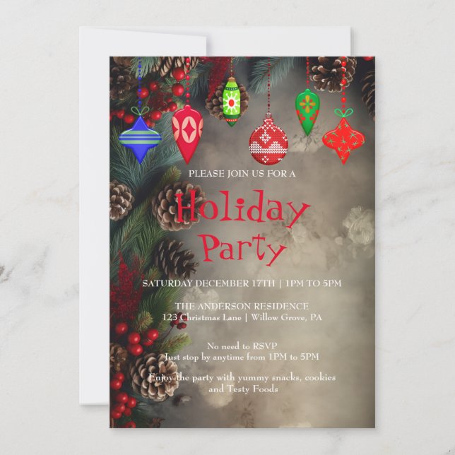 Invitación de vacaciones con adornos de Navidad (Anverso)