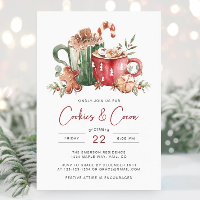 Invitación de vacaciones con galletas (Cookies & Cocoa Christmas Invitation | Watercolor Holiday Party Invite by Painted Paperie)