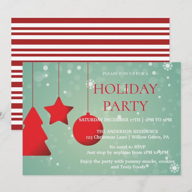 Invitación de vacaciones con ornamentos de Navidad (Anverso / Reverso)