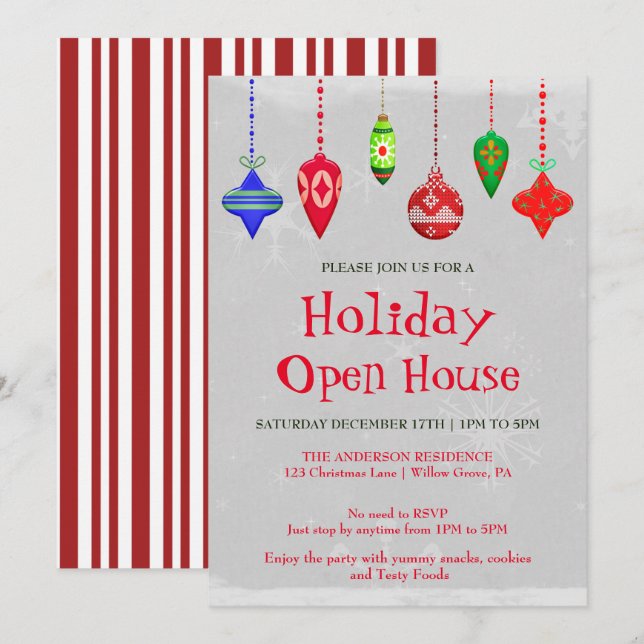Invitación de vacaciones con ornamentos de Navidad (Anverso / Reverso)