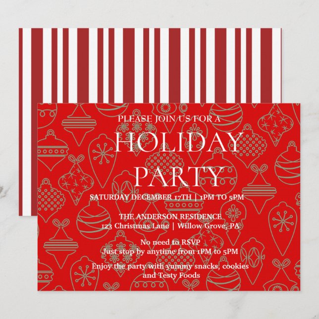 Invitación de vacaciones con ornamentos de Navidad (Anverso / Reverso)