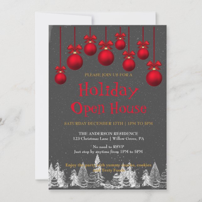 Invitación de vacaciones con ornamentos de Navidad (Anverso)