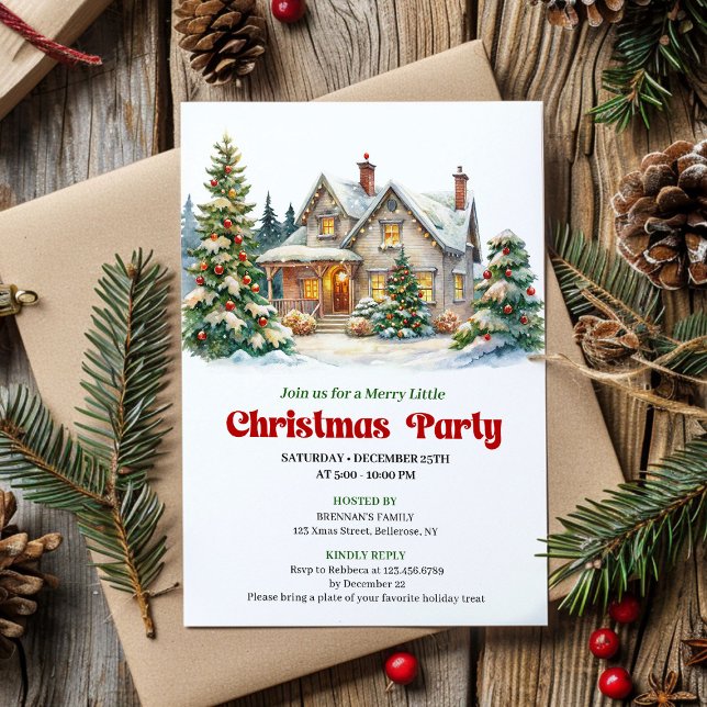 Invitación de vacaciones de acuarela de casa de Na (Elegant Christmas House Watercolor Holiday Invite)