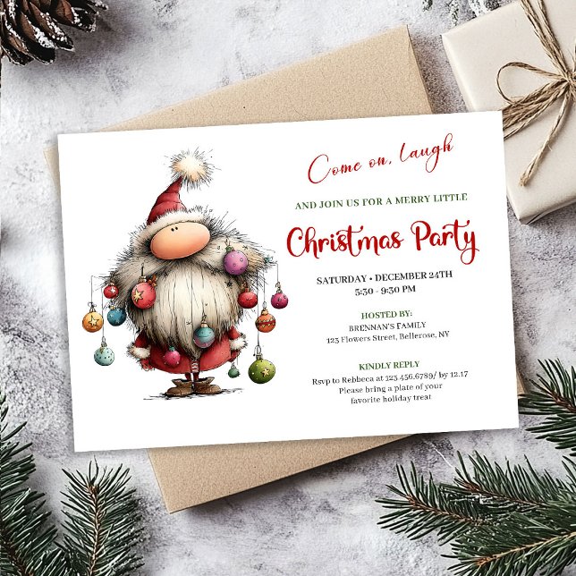 Invitación de vacaciones de acuarela moderna de Sa (Cute Quirky Santa Modern Watercolor Holiday Invite)