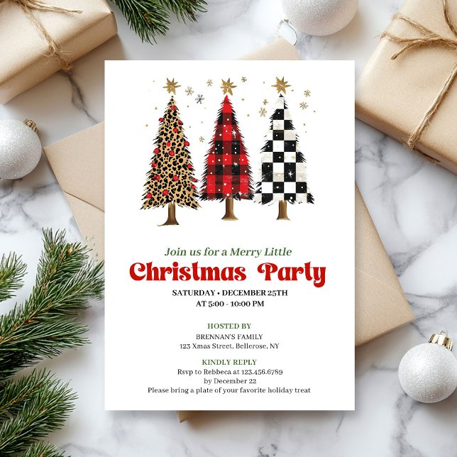 Invitación de vacaciones de árbol de Navidad con e (Chic leopard print Christmas tree holiday invite)