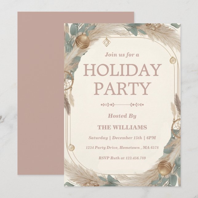 Invitación de vacaciones de Boho Pampas Grass y Dr (Anverso / Reverso)