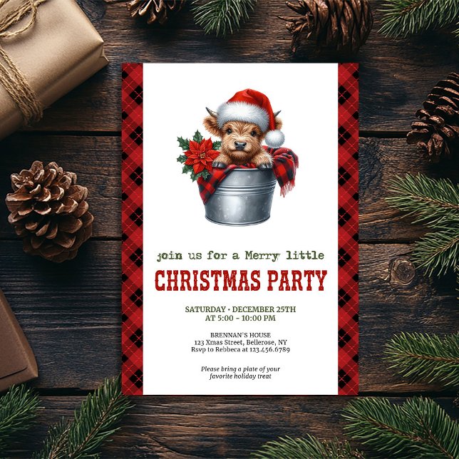 Invitación de vacaciones de Navidad con vaca de la (Farmhouse highland cow Christmas holiday invite)