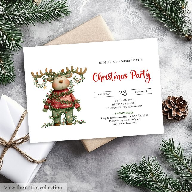 Invitación de vacaciones de reno divertido acuarel (Funny Reindeer watercolor red green holiday invite)
