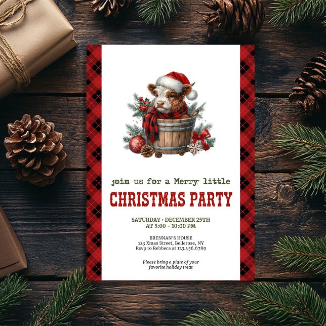 Invitación de vacaciones editable de vaca de las t (Editable watercolor highland cow holiday invite)