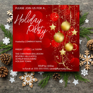 Invitación de vacaciones en baubles rojos y dorado