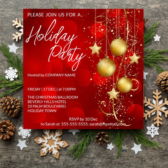 Invitación de vacaciones en baubles rojos y dorado (Christmas Holiday party editable template invitation digital download red baubles gold corporate )