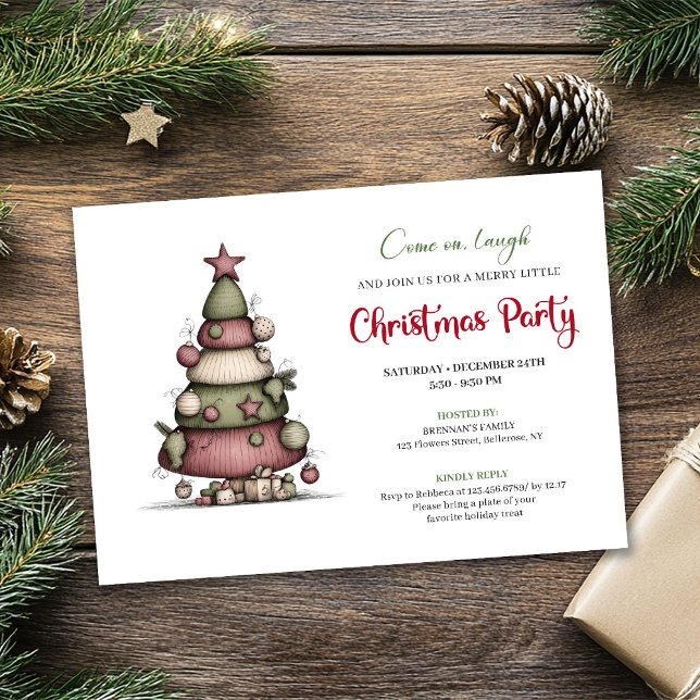 Invitación de vacaciones impresa de árbol de dibuj (Quirky cartoon tree holiday printable invitation)