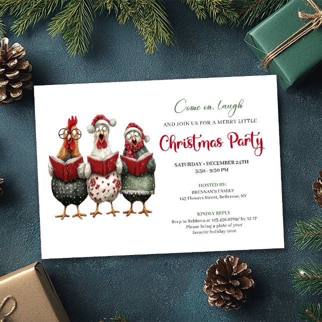 Invitación de vacaciones moderna con gallinas capr (Quirky Chickens Modern Watercolor Holiday Invitation)