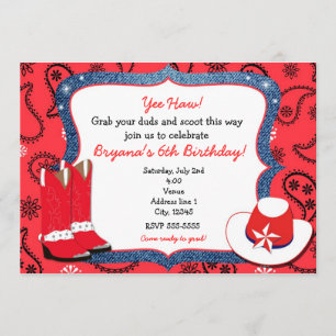 Invitación de vaquera occidental con bandana roja 