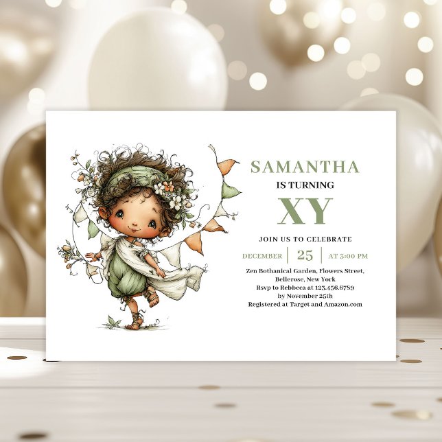 Invitación de vegetación para el 6º cumpleaños de  (Whimsical Fairy Girl 6th Birthday Greenery Invitation)