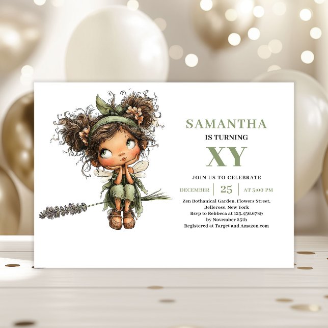 Invitación de Vegetación para el Quinto Cumpleaños (Cute Fairy Girl 5th Birthday Greenery Invitation)
