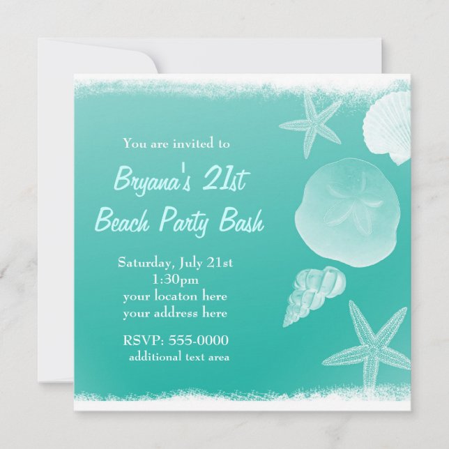 Invitación de verano conchas de playa verde espuma (Anverso)