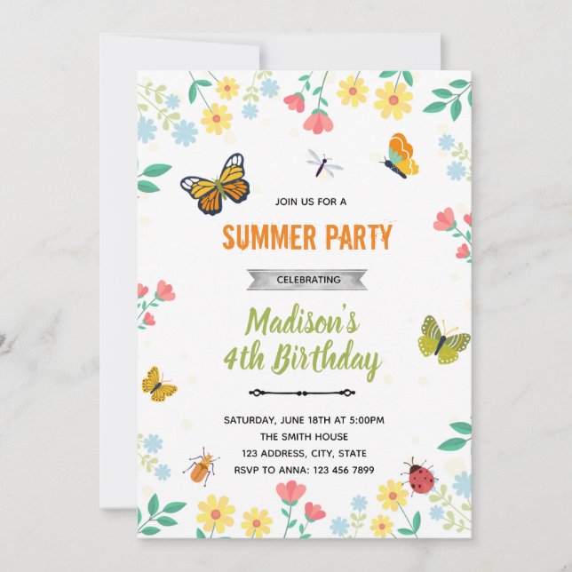 Invitación de verano de jardín de insectos maripos (Anverso)