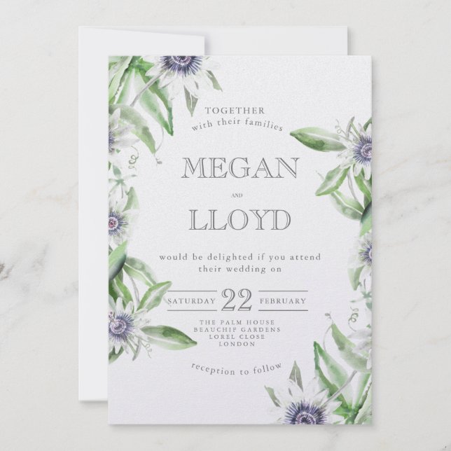 Invitación de verano delicada de una flor de pasió (Anverso)