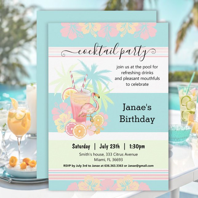 Invitación  de verano Fiesta rosa azul tropical (Cocktail Summer Pool Party Blue Pink Tropical Invitation)