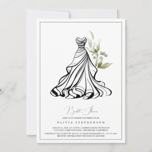 Invitación de Verde de Eucalipto y Vestido de Boda (Anverso)