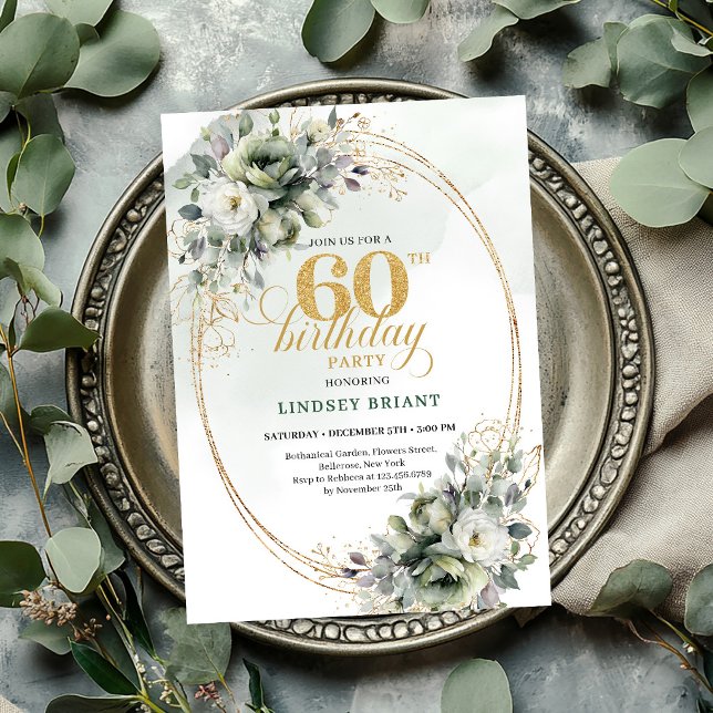 Invitación de Verdes 60 Cumpleaños Dusty Green (Dusty Green 60th Birthday Greenery Invite

)