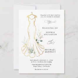 Invitación de vestido de boda con oro falso y foll