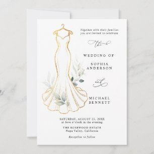 Invitación de vestido de boda con oro falso y foll