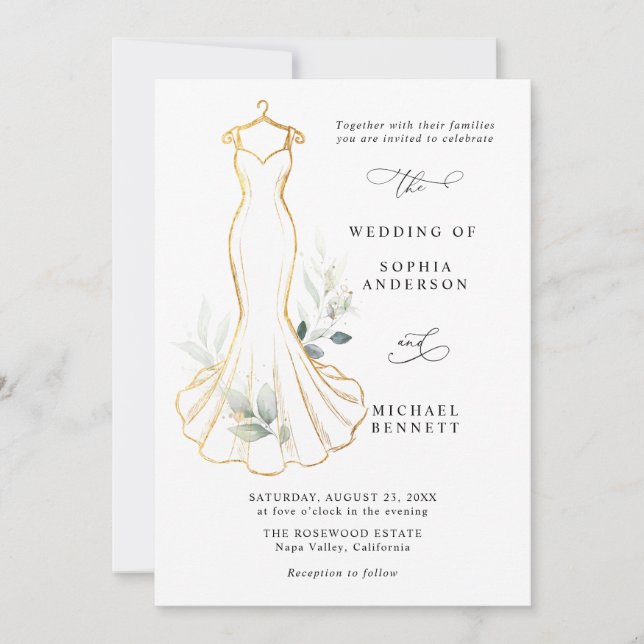 Invitación de vestido de boda con oro falso y foll (Anverso)