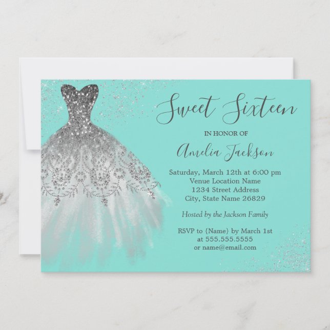 Invitación de vestido de gala azul turquesa para S (Anverso)