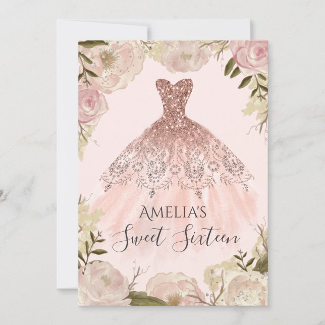 Invitación de vestido de oro rosa floral rosa Swee (Anverso)