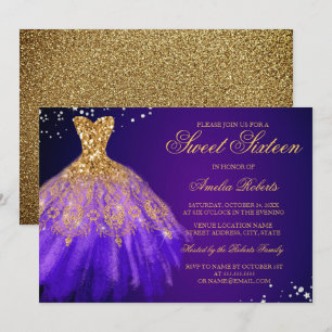Invitación de vestido de purpurina dorada para Swe