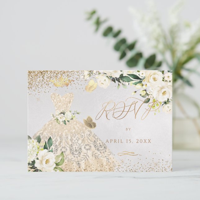 Invitación de vestido dorado con brillo para quinc (Anverso de pie)
