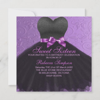 Invitación de vestido negro de Sweet Sixteen púrpu