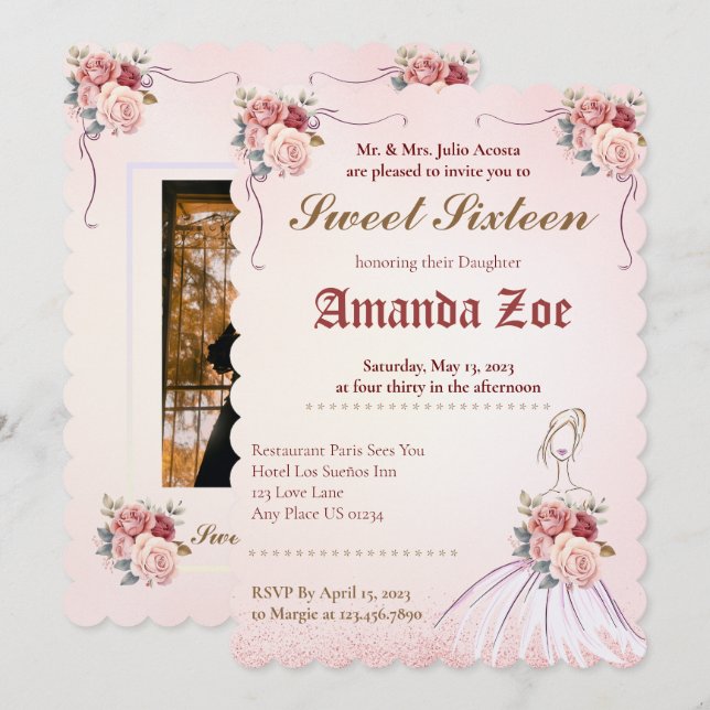 Invitación de Vintange Sweet 16 / Quinceañera (Anverso / Reverso)