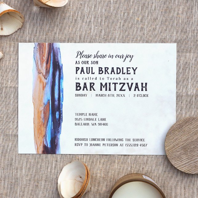 Invitación de Vivid Caramel & Blue Bar Mitzvah (modern bar mitzvah invitations with bold abstract beige brown blue purple paint stroke)