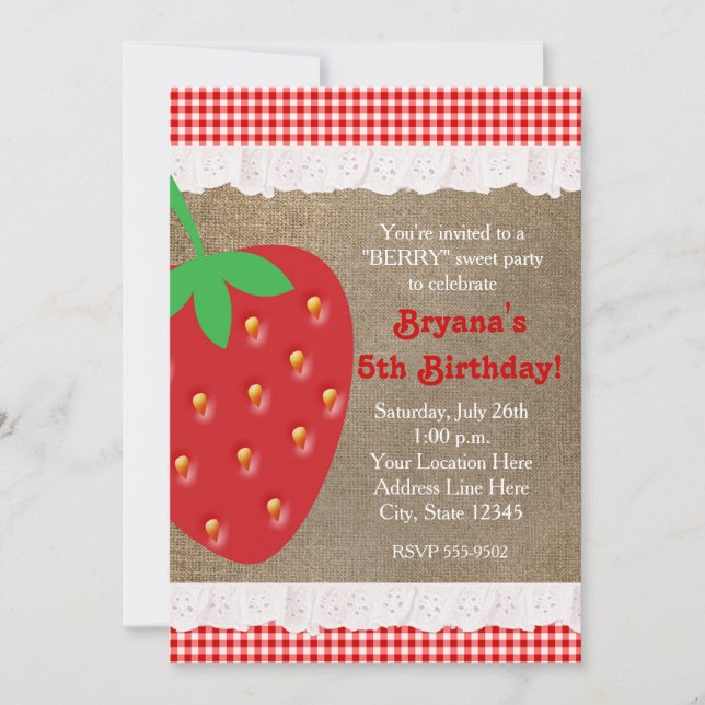 Invitación de Volantes de Gingham Rojo de Fresa de (Anverso)