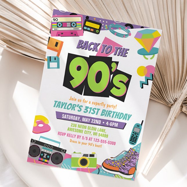 Invitación De vuelta a la fiesta de cumpleaños 90 Retro (Back to the 90s Birthday Party Invitation)