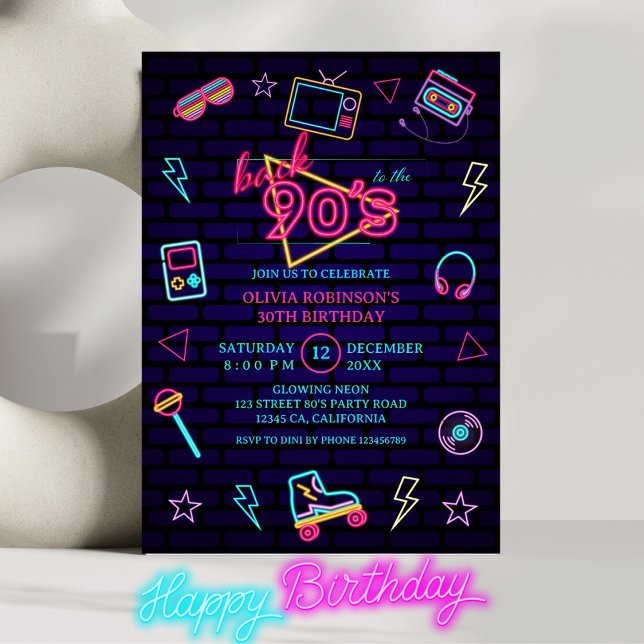 Invitación De vuelta a la fiesta de cumpleaños Retro Neon de  (Subido por el creador)