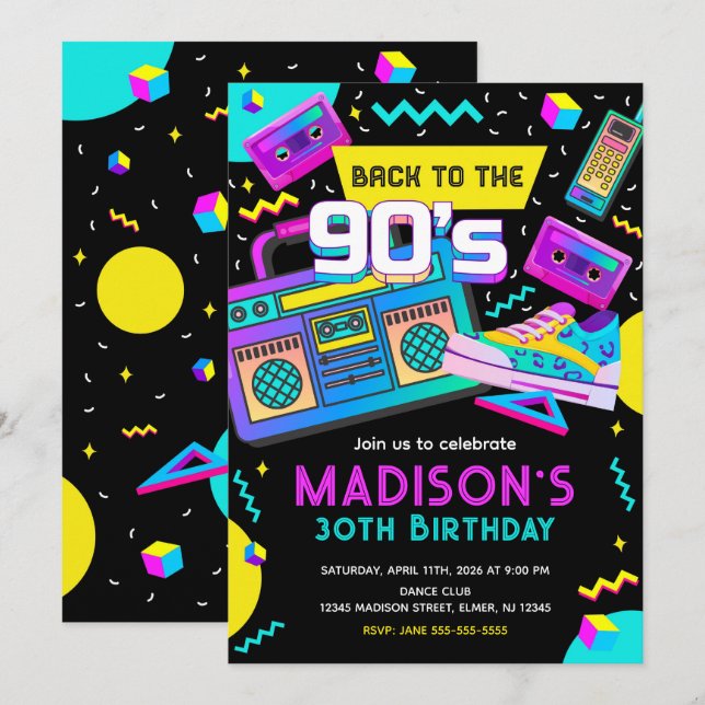 Invitación De vuelta a los 90 Modern Retro Neon Cumpleaños (Anverso / Reverso)